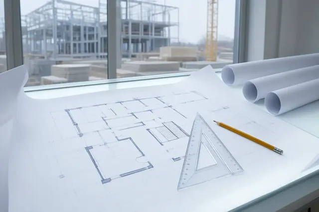 Baupläne mit Geodreieck und Bleistift, im Hintergrund eine Baustelle